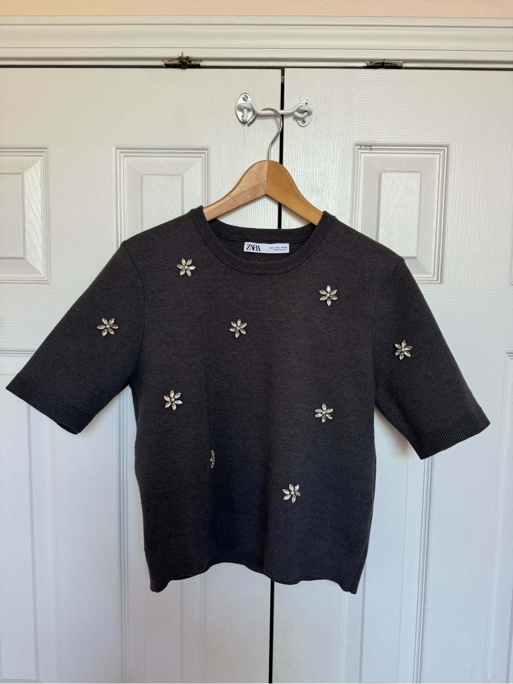 ZARA Gray Short-Sleeve Embellished Knit Top